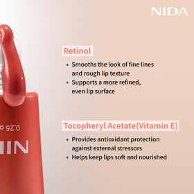 NIDA on model lips lifestyle shot showing glossy finish and natural plumping