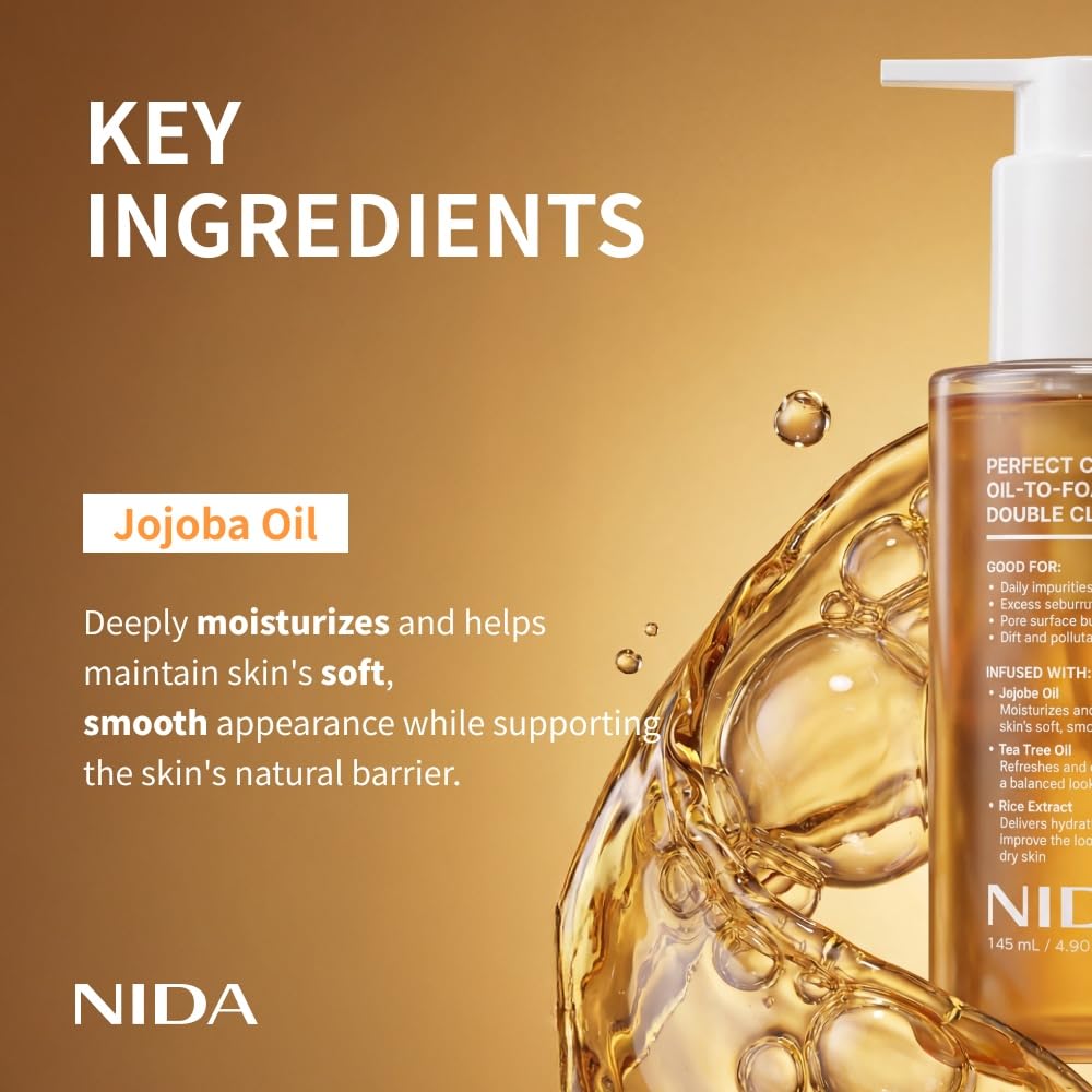 NIDA ingredient trio display of jojoba, tea tree, and rice extracts