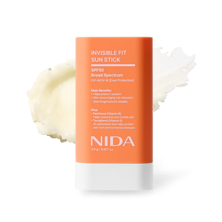 NIDA sun stick front packaging showing SPF 50 and compact size benefit