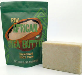 Nimba Foods front packaging showing 1LB unrefined shea butter, clear product ID and purity benefit