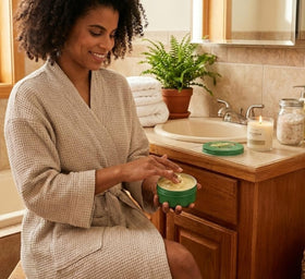 Bathroom shelf with Nimba Foods shea butter showing everyday routine
