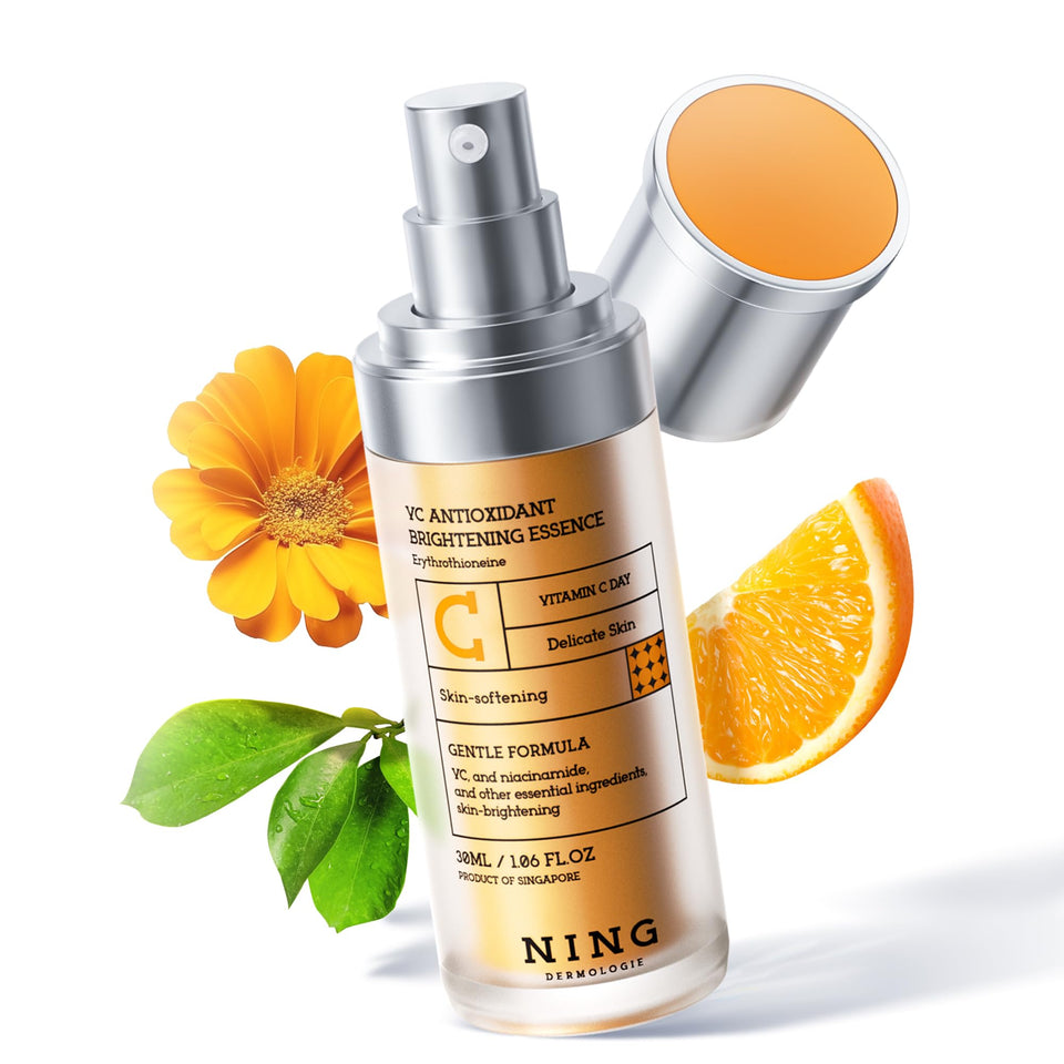 NING DERMOLOGIE front bottle shot showing serum packaging and clean design benefit clarity