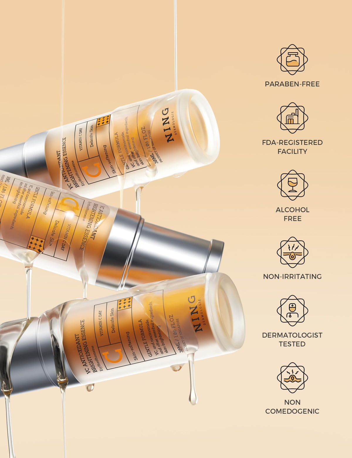 NING DERMOLOGIE bottle held in hand to show size and scale for usage expectations