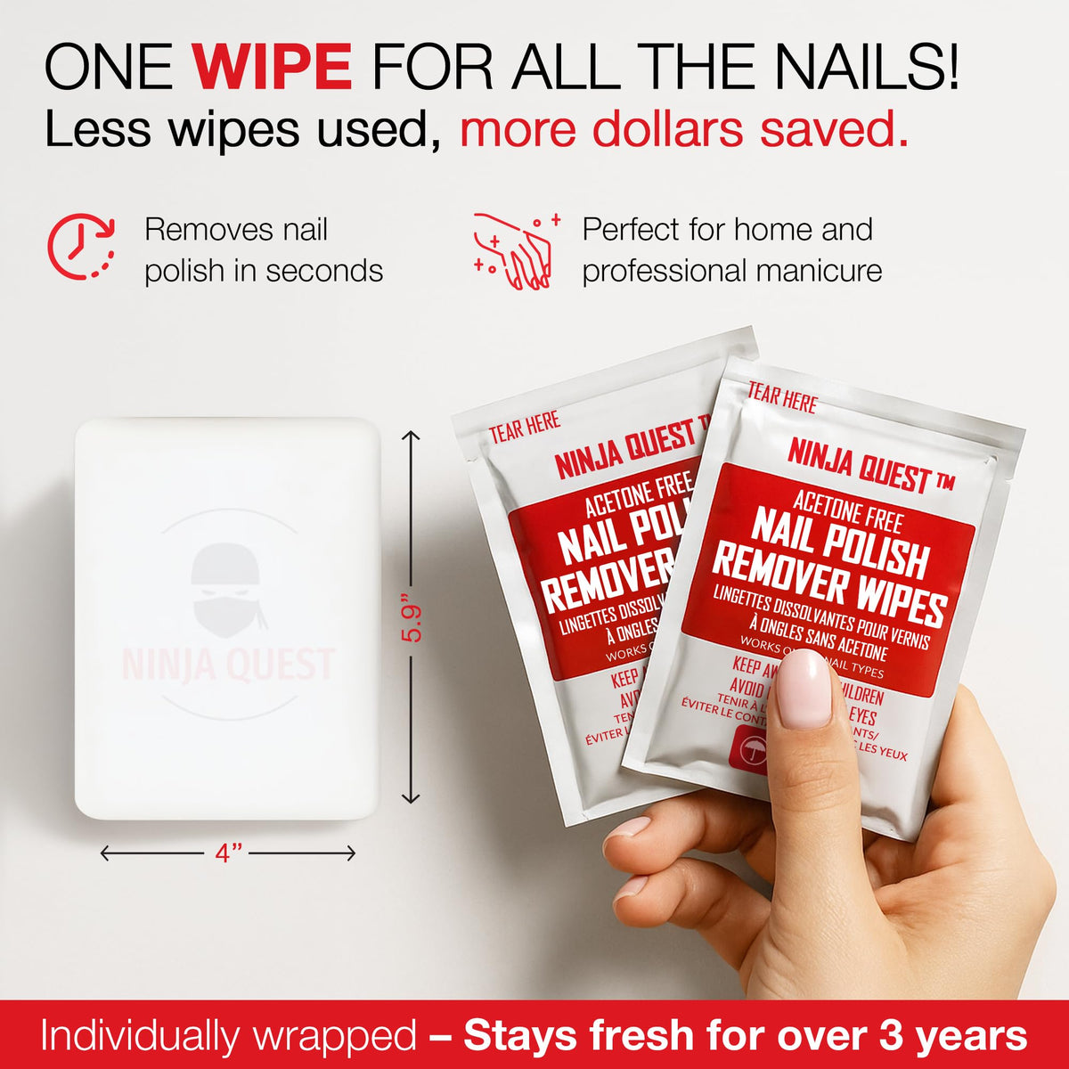 NINJA QUEST wipe in use on fingernails removing polish quickly and gently