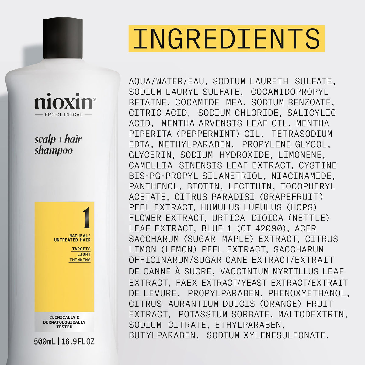 NIOXIN bottle next to everyday items showing the 16.9 fl oz scale benefit
