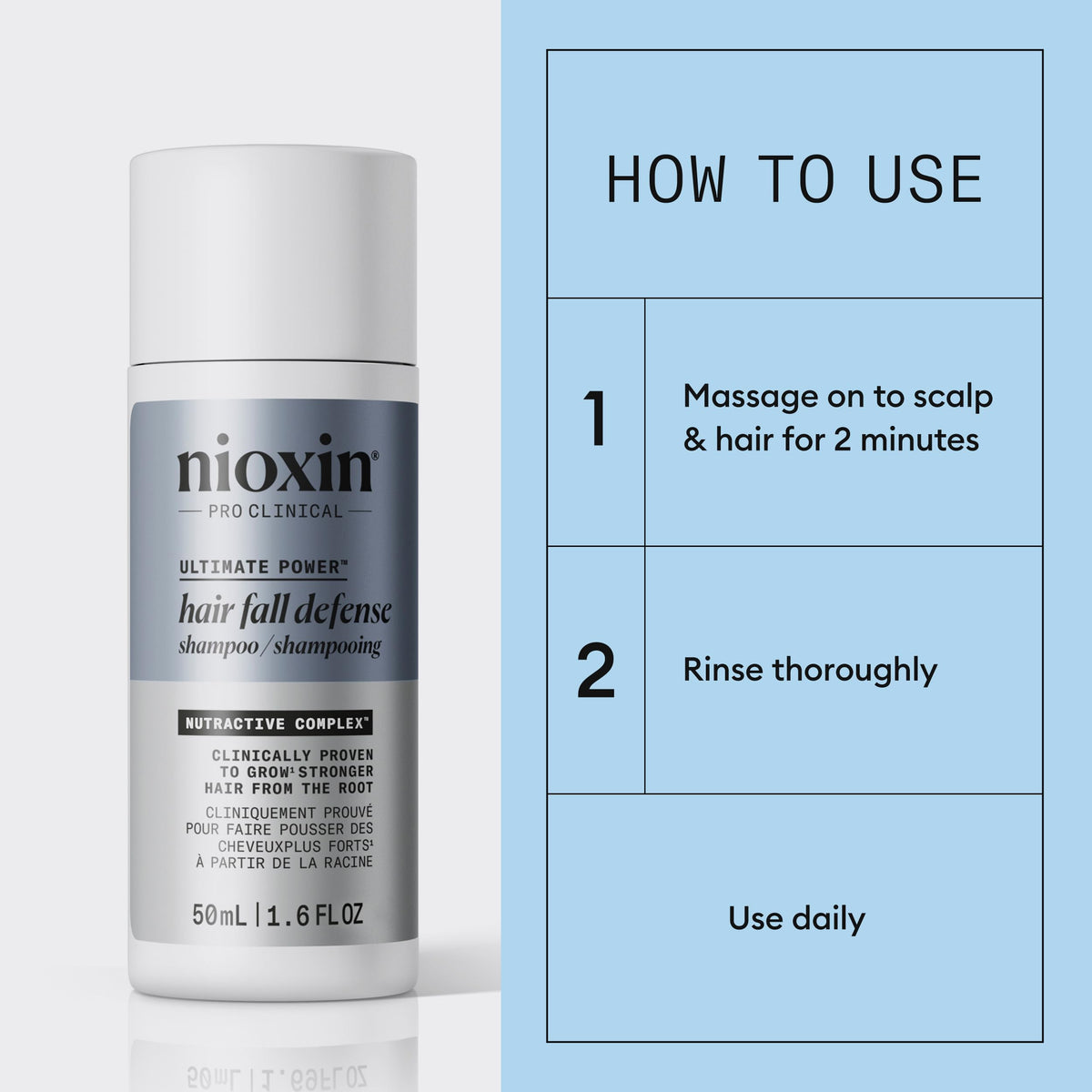 NIOXIN on bathroom shelf lifestyle shot showing daily routine benefit