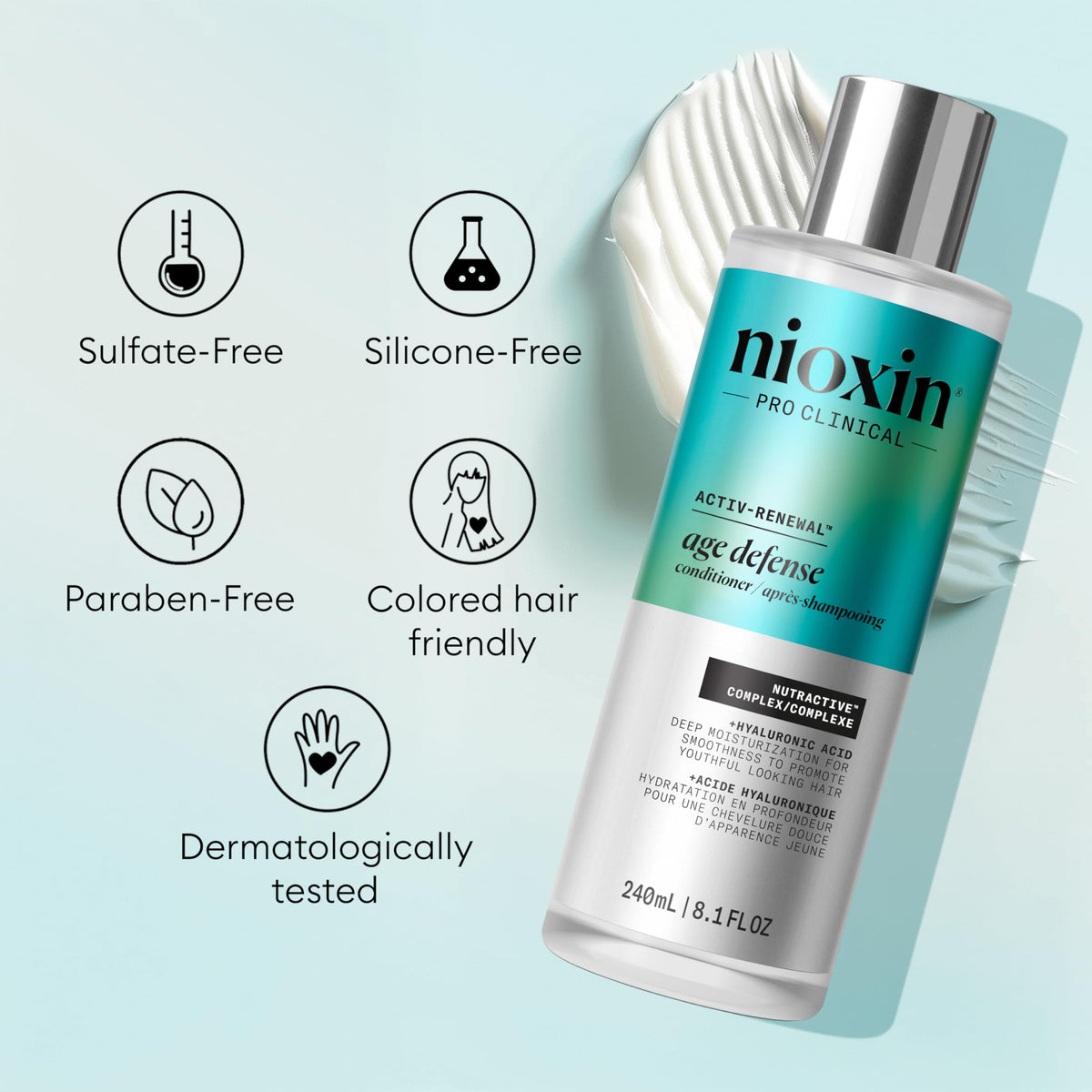 NIOXIN label close-up listing key ingredients and clean formula