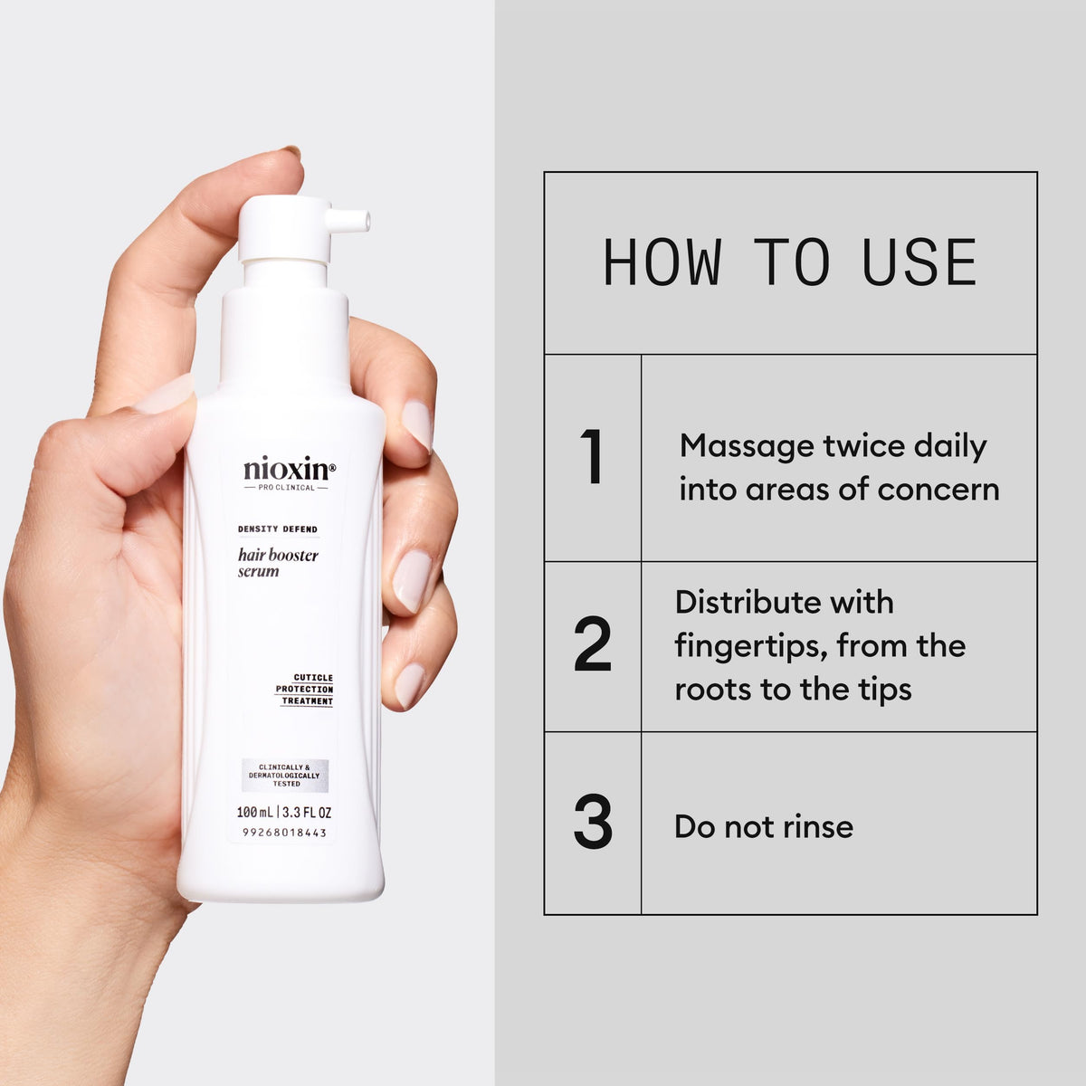 Nioxin being applied to scalp at hairline, shows targeted thinning-spot treatment benefit