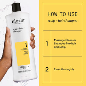 NIOXIN shampoo beside conditioner showing complete System 1 benefits