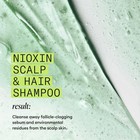 Nioxin bottle beside hairbrush showing kit size and at-home use