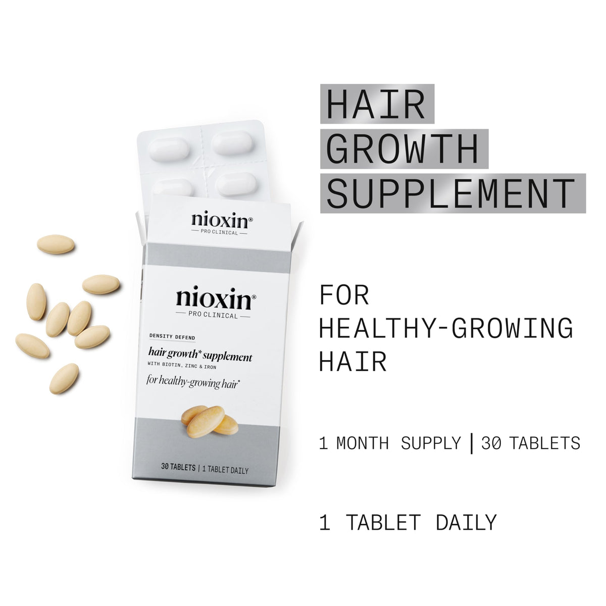 NIOXIN bottle open with tablets visible to show quantity