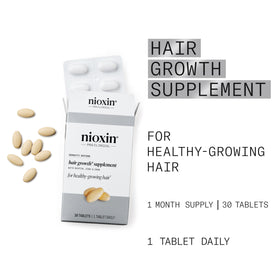 NIOXIN bottle open with tablets visible to show quantity