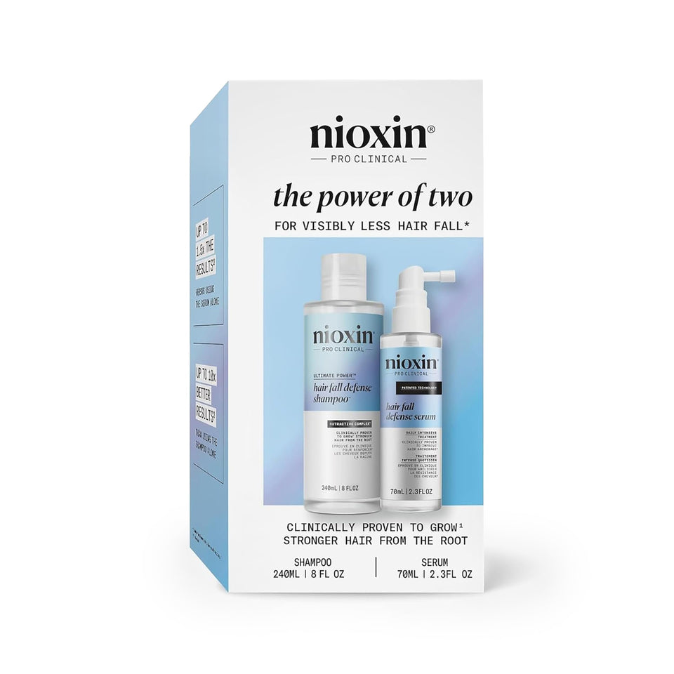 NIOXIN front packaging of the hair fall defense kit showing both products benefits