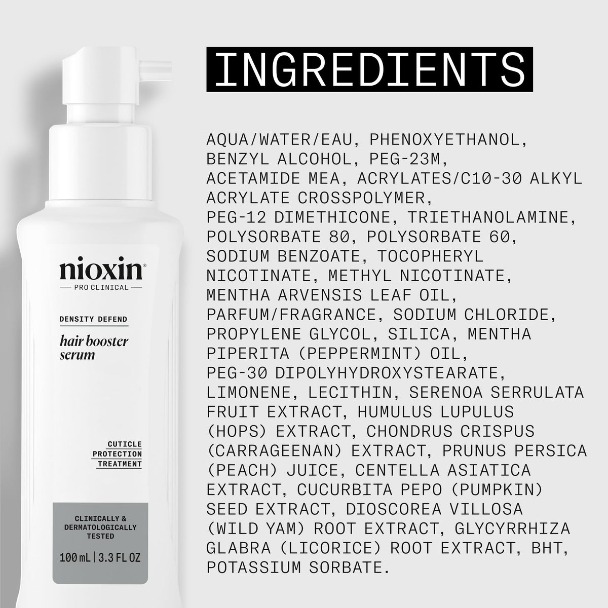 Nioxin close-up of label and ingredient panel, reassures on professional formulation benefit