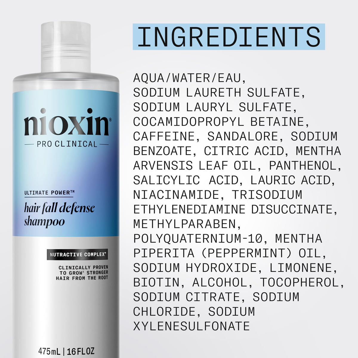 Nioxin shampoo on bathroom shelf next to towel in a lifestyle shot suggesting daily routine use