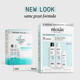 NIOXIN shampoo pump close-up delivering medicating cleanser for flake reduction