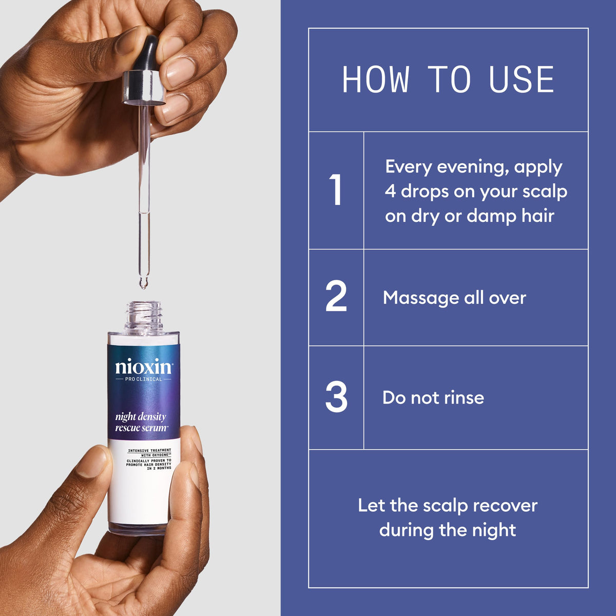 Nioxin applied to parted hair on scalp, targets thinning areas for visible density