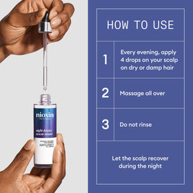 Nioxin applied to parted hair on scalp, targets thinning areas for visible density