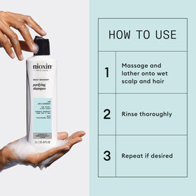 Nioxin shampoo being applied to scalp showing easy use and relief