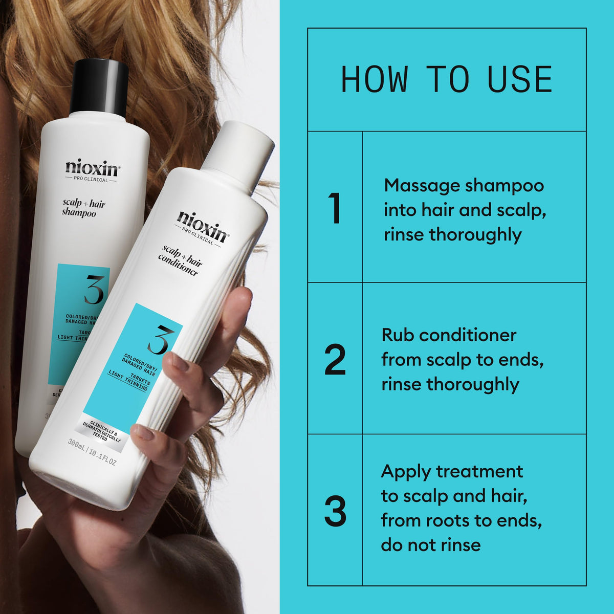 NIOXIN trial-size bottles next to ruler showing one month supply