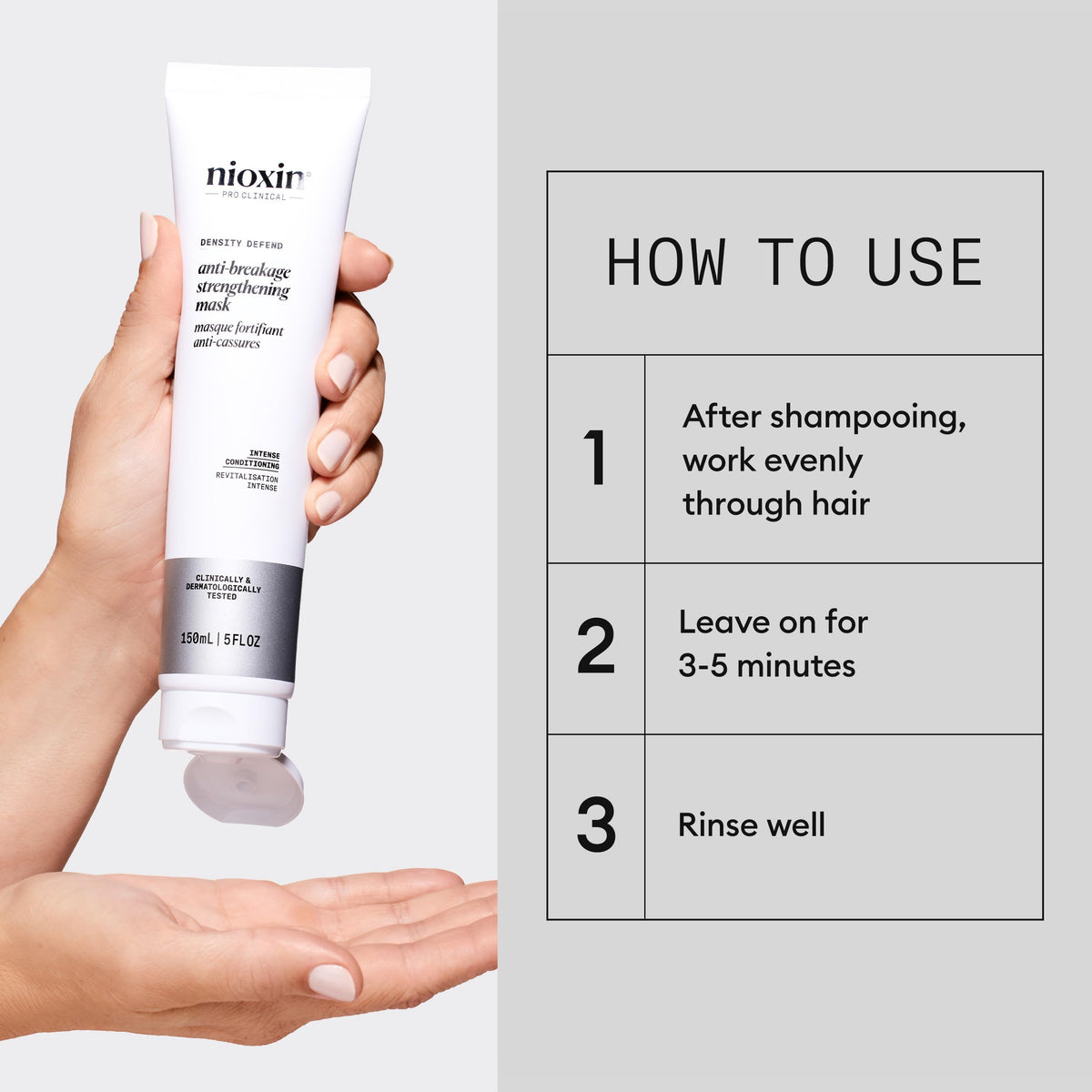 Nioxin product held in hand showing 5.07 fl oz size for scale
