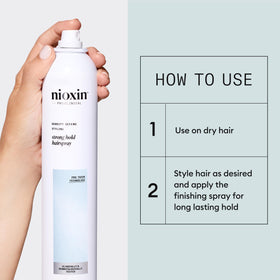 NIOXIN can in hand showing 10.6 fl oz scale for portability