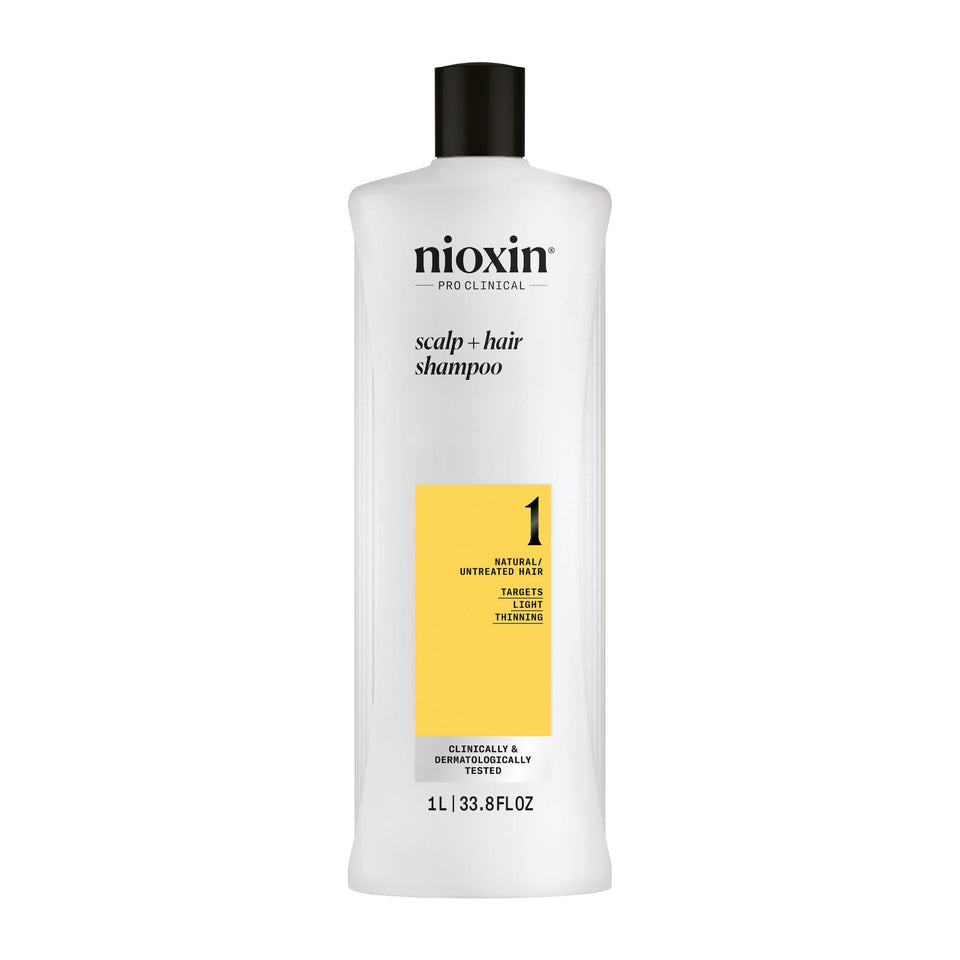 nioxin front bottle showing System 1 cleanser and clean scalp benefit
