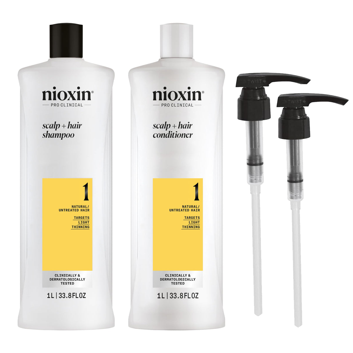 Nioxin front packaging showing full kit and visible pumps for easy use