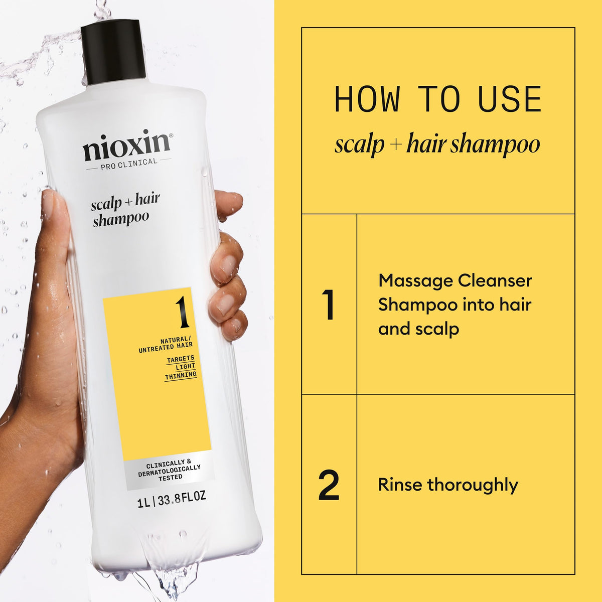 Nioxin bottles beside a hand to show scale and salon-size convenience