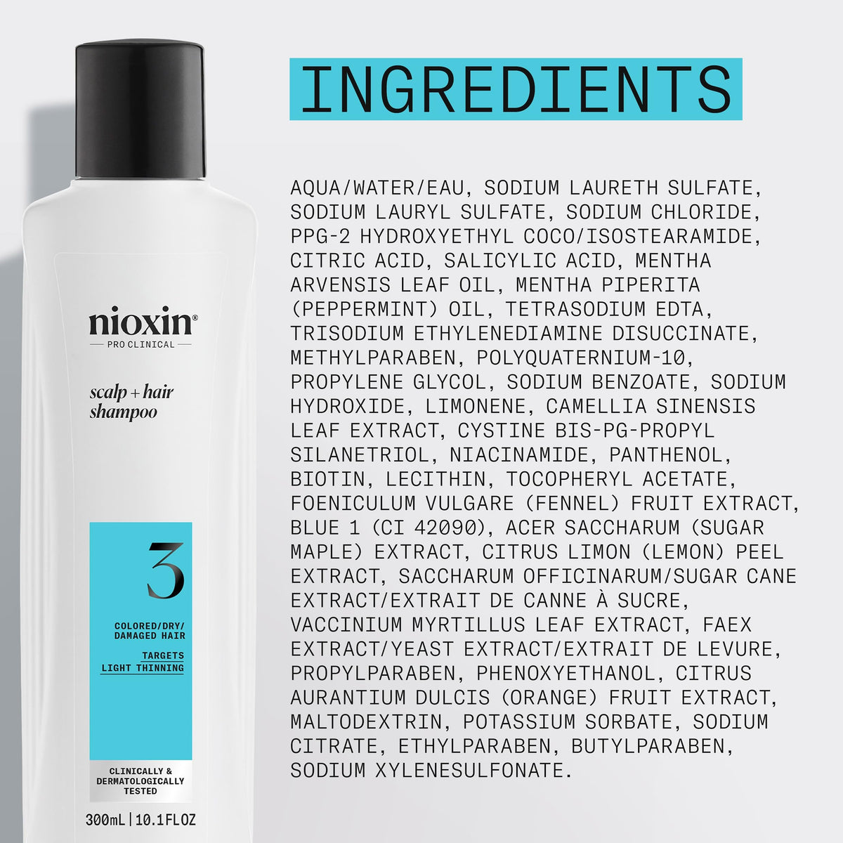Nioxin System 3 bottle staged in bathroom for everyday routine appeal