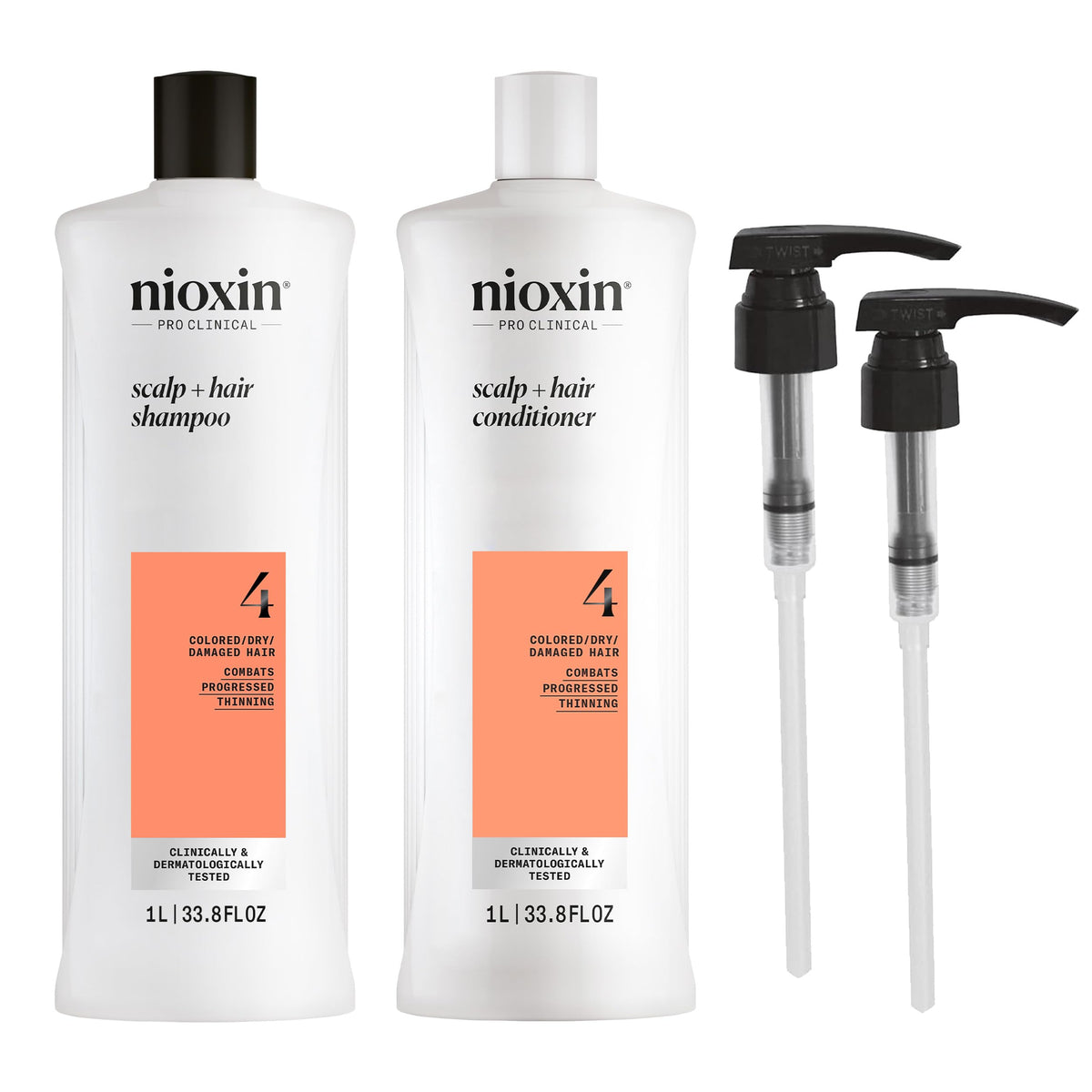 Nioxin system 4 front packaging showing bottles and pumps, professional results