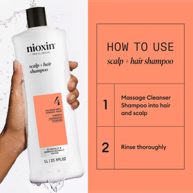 Nioxin bottle in hand for scale showing large 33.8 fl oz value benefit