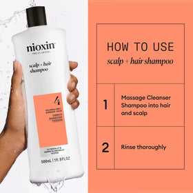 Nioxin system 4 in-shower use illustrating scalp massage for improved cleansing