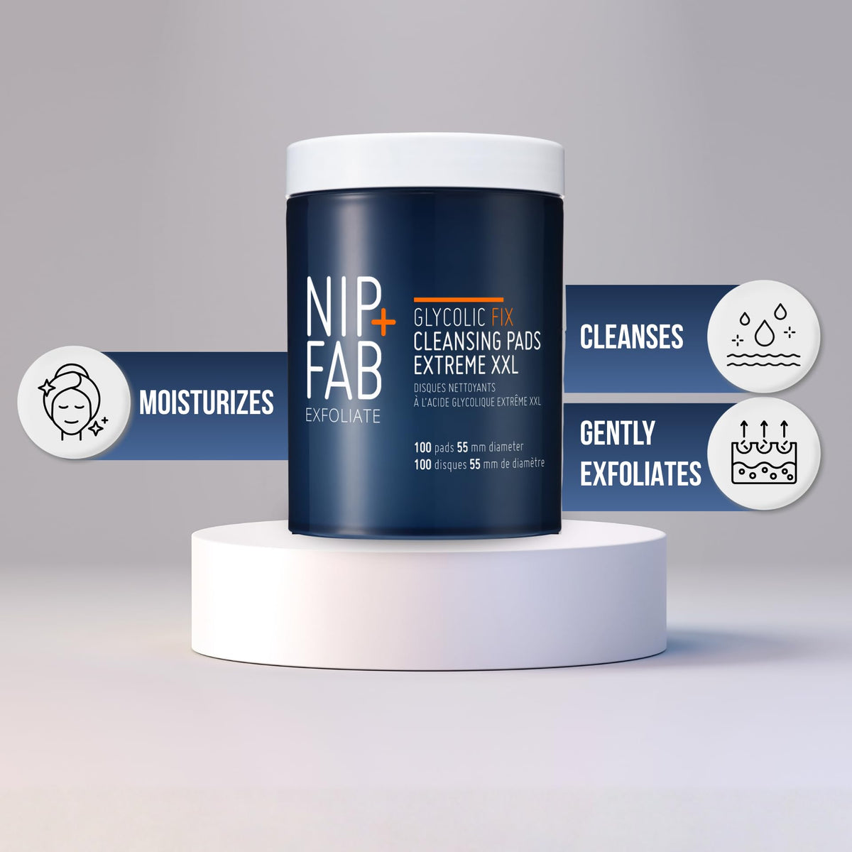 Nip+Fab pad being wiped over cheek during nighttime routine to reveal refined skin