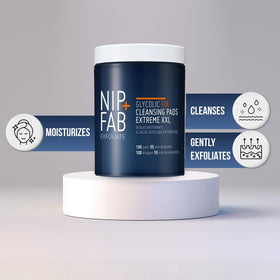 Nip+Fab pad being wiped over cheek during nighttime routine to reveal refined skin