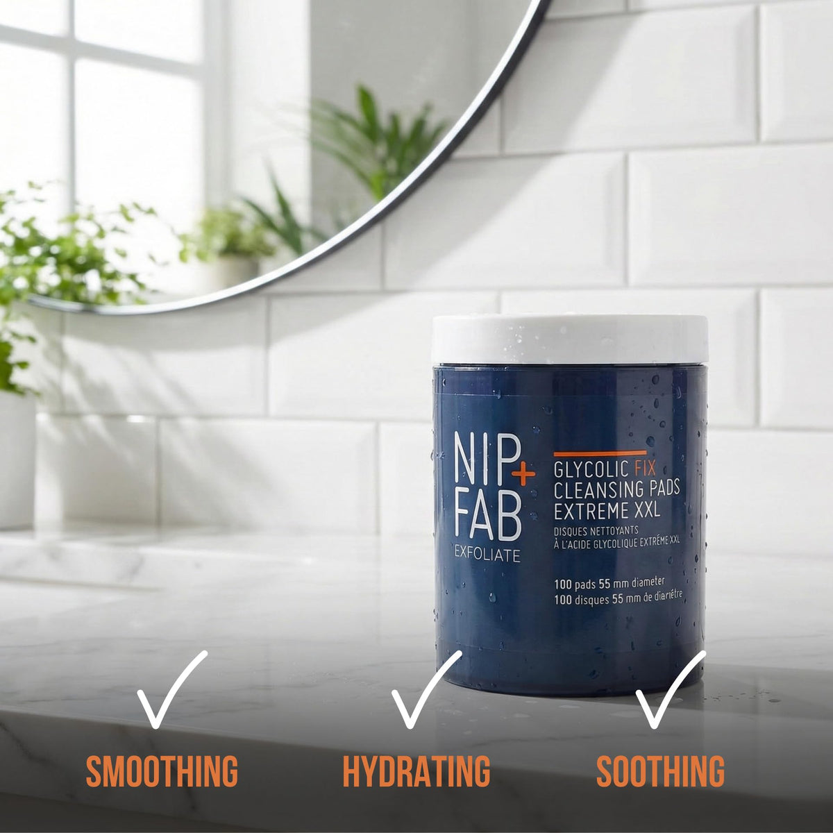 Nip+Fab open tub showing stacked pads to emphasize quantity and consistent dosing