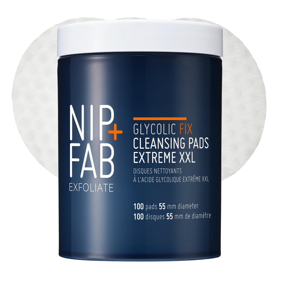 Nip+Fab tub front view showing XXL 100-count pads and clear branding for value