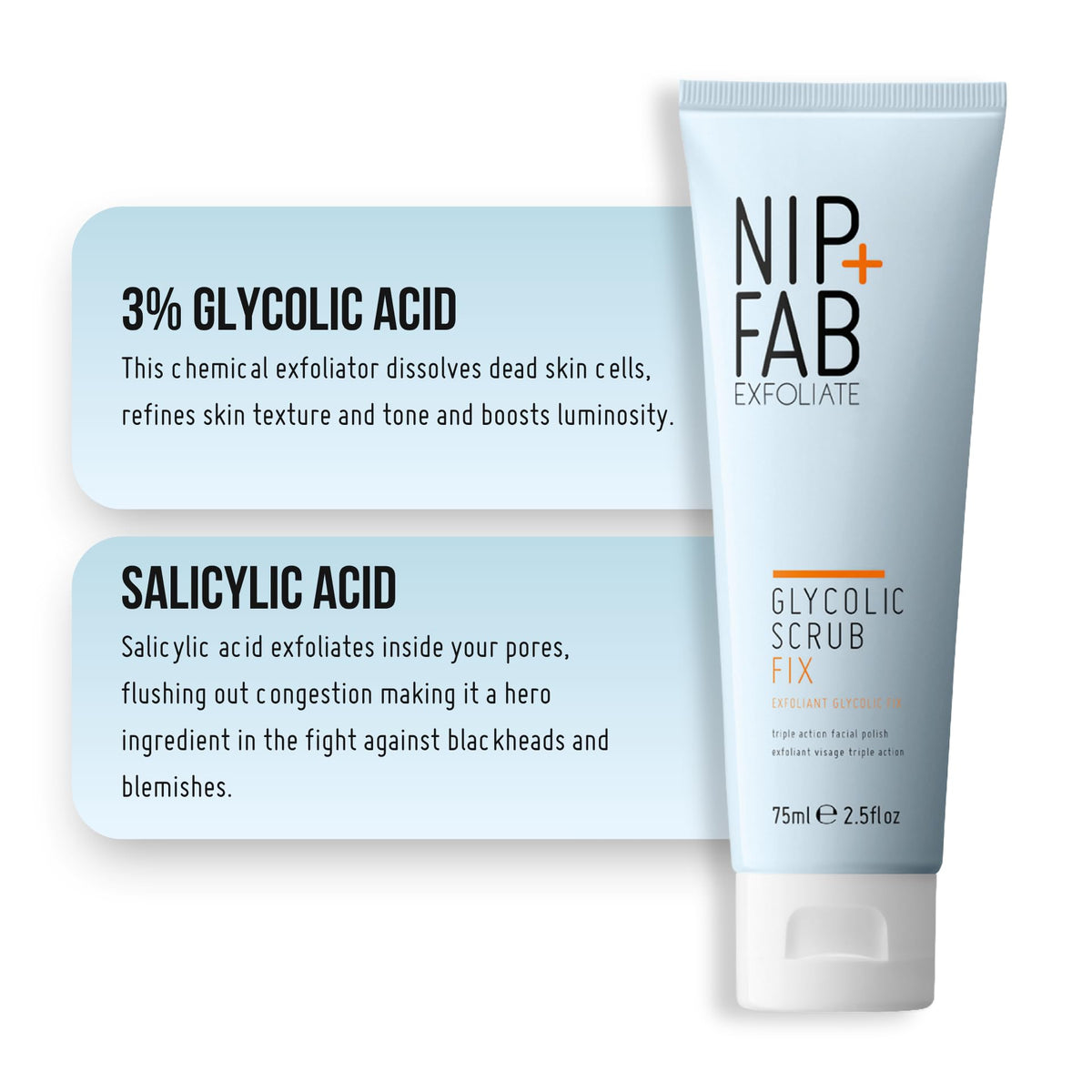 Nip+Fab ingredient label close-up highlighting glycolic and salicylic