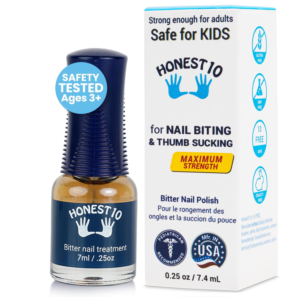 Nipit Honest10 front bottle showing clear deterrent polish and label benefit