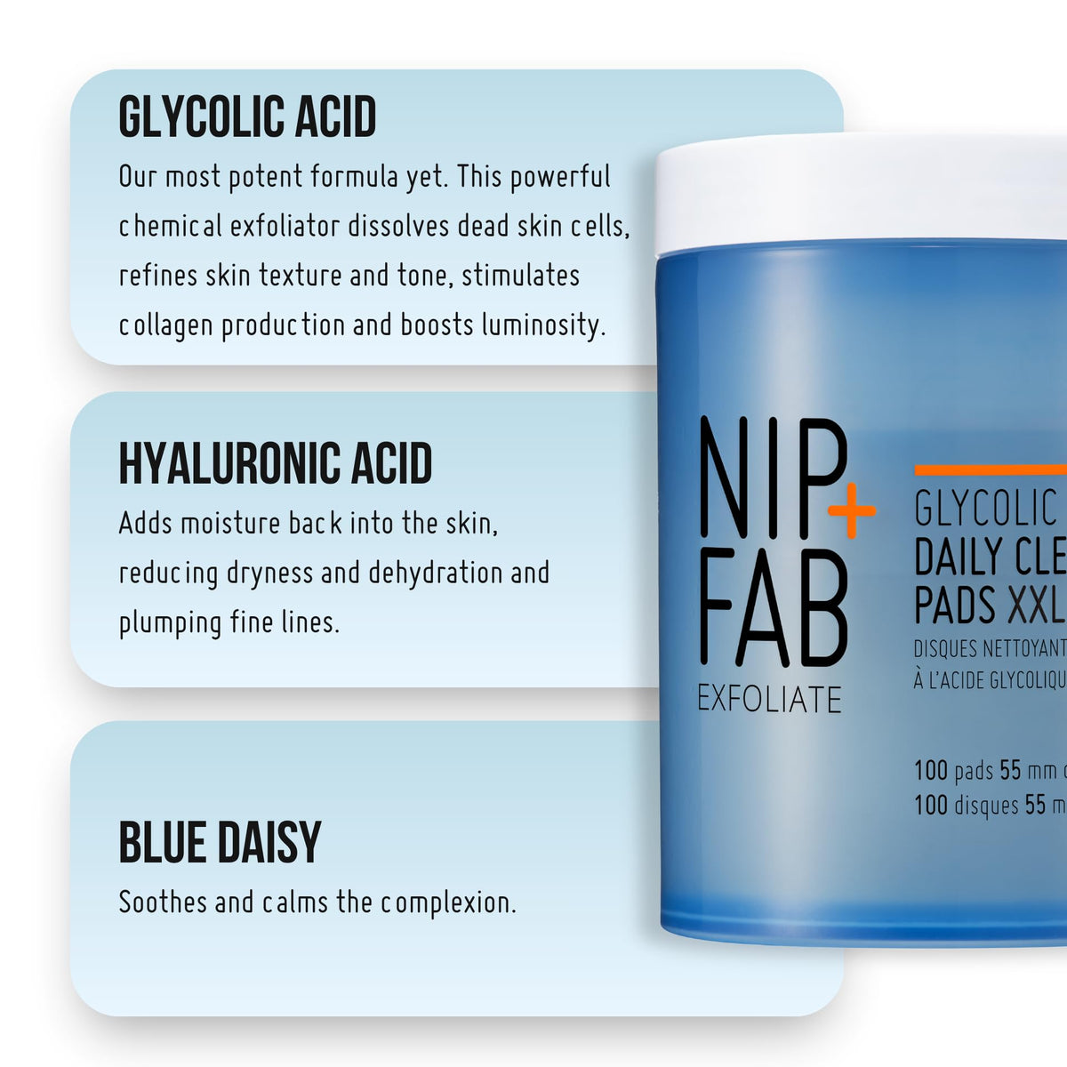 bottle with hyaluronic visual beside pads representing Nip+Fab hydration benefit