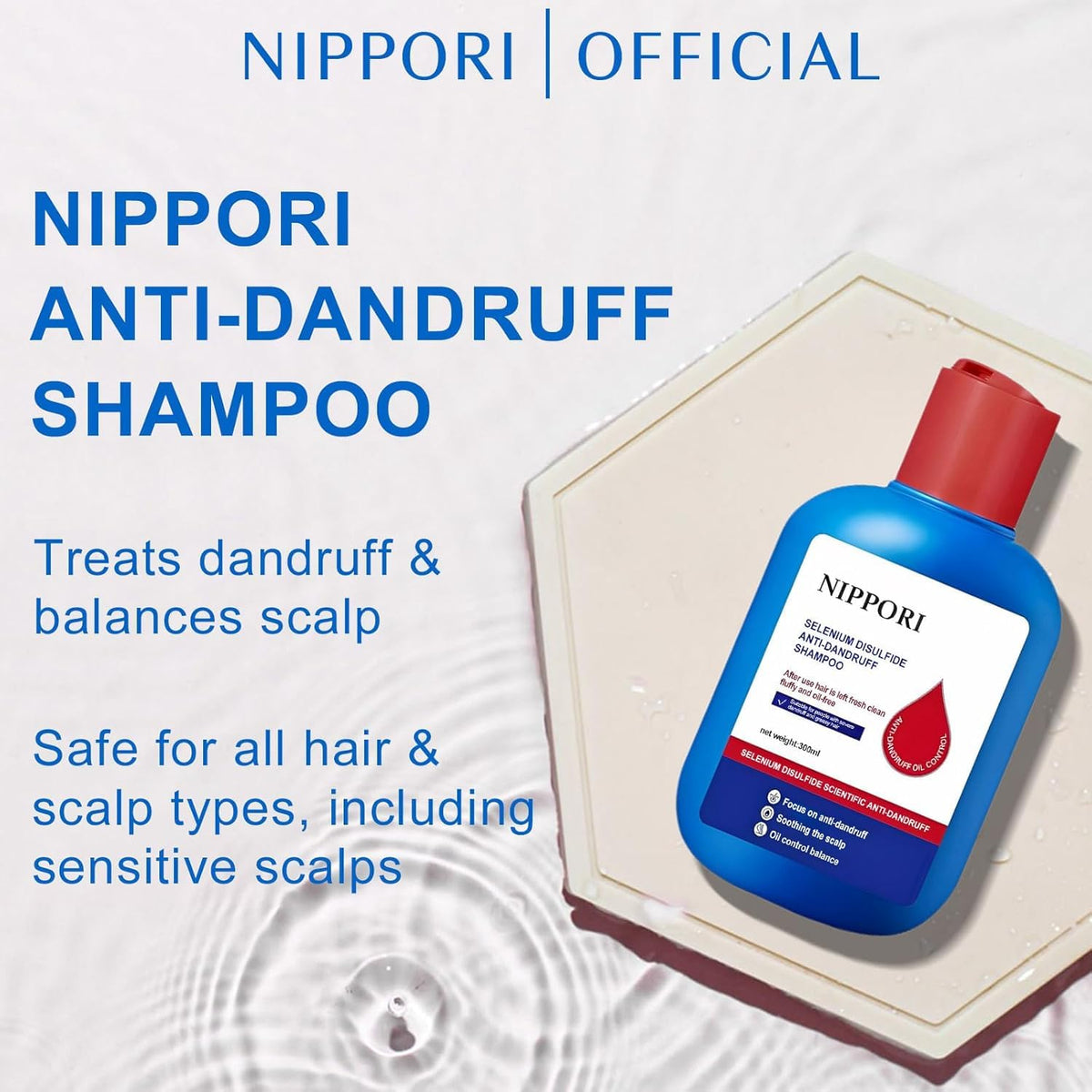 NIPPORI label close-up highlighting selenium sulfide ingredient and usage details