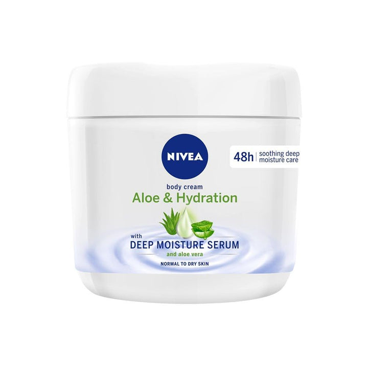 NIVEA aloe and hydration jar front view showing label and 13.52 oz size benefit