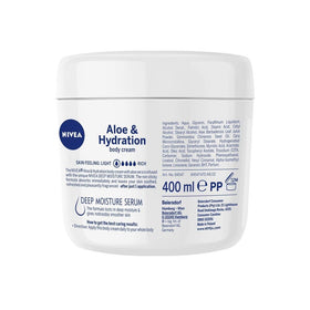 NIVEA aloe jar next to common items showing 13.52 oz scale and easy-home-use benefit