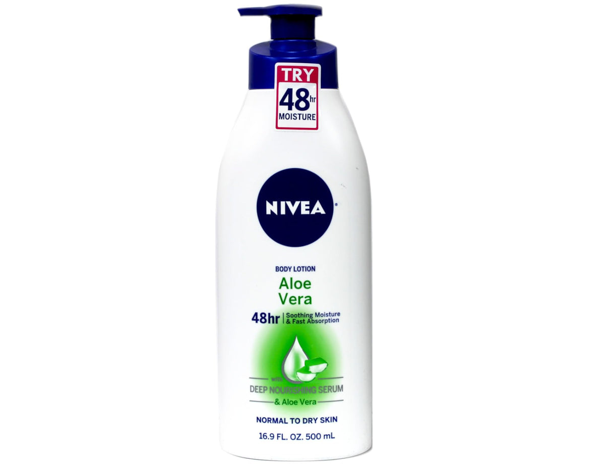 NIVEA bottle front label showing aloe formula and pump benefits