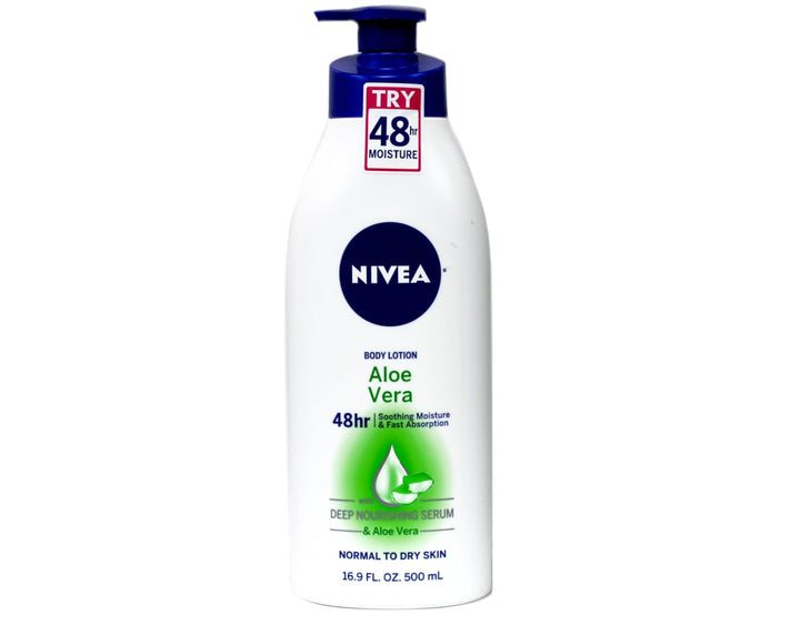 NIVEA bottle front label showing aloe formula and pump benefits