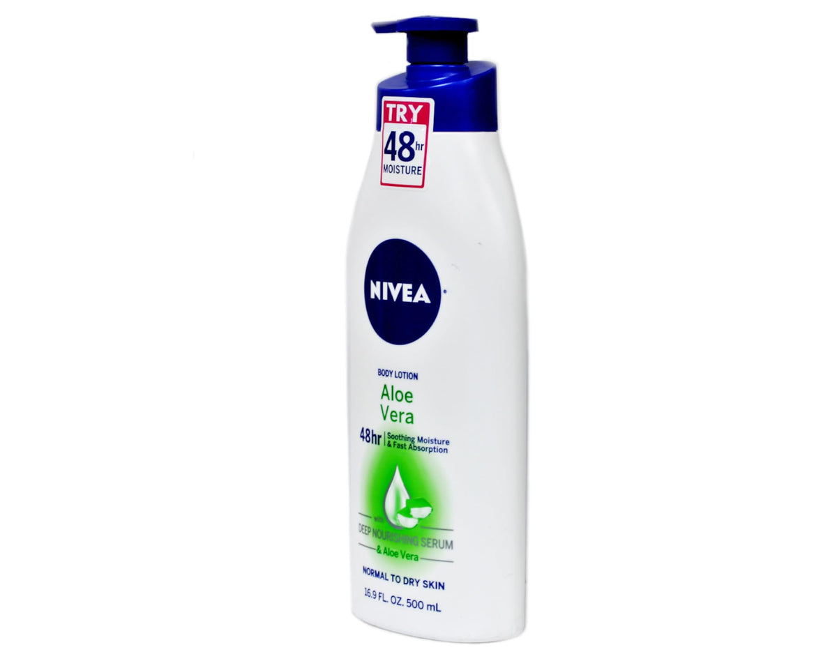 NIVEA 16.9 oz bottle beside common items showing size and pump convenience