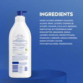 NIVEA applying lotion on leg in bathroom illustrating smooth application benefit