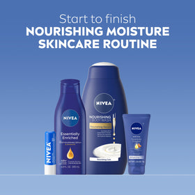 NIVEA body wash pump close-up showing nourishing serum for gentle cleansing