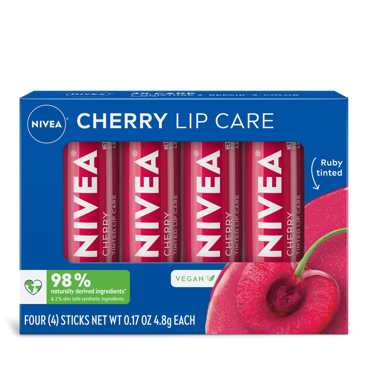 NIVEA cherry front packaging showing four tinted balm sticks and benefits