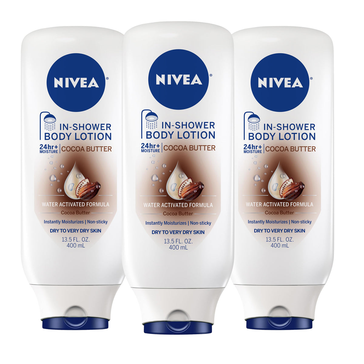 NIVEA front packaging showing cocoa butter in-shower lotion for easy hydration